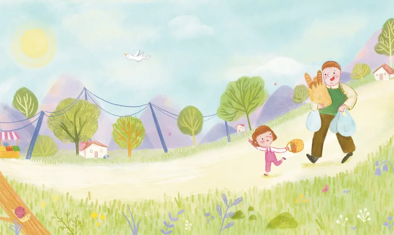 A little girl carrying a basket runs beside a man with shopping bags along a sunny village path.