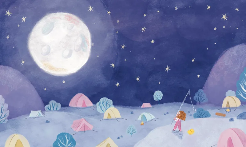 A girl fishing under a giant moon at a starry campsite with colourful tents.
