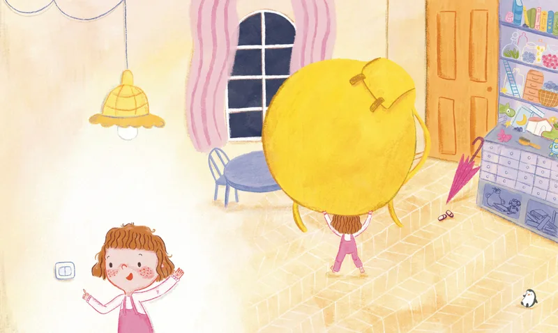 A girl carrying an enormous yellow schoolbag through a tiled hallway while another girl watches.