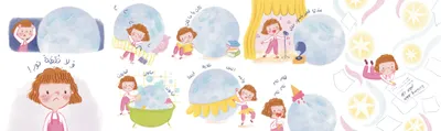 A strip of small vignettes showing the girl's changing moods through day and night.