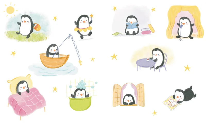Nine small scenes of a penguin's day: shopping, dancing, reading, boating, bathing and sleeping.