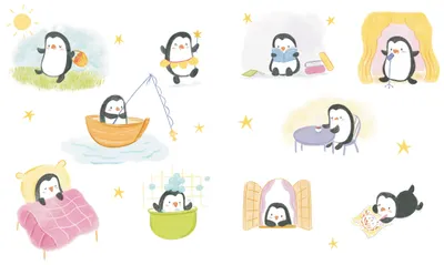 Nine small scenes of a penguin's day: shopping, dancing, reading, boating, bathing and sleeping.