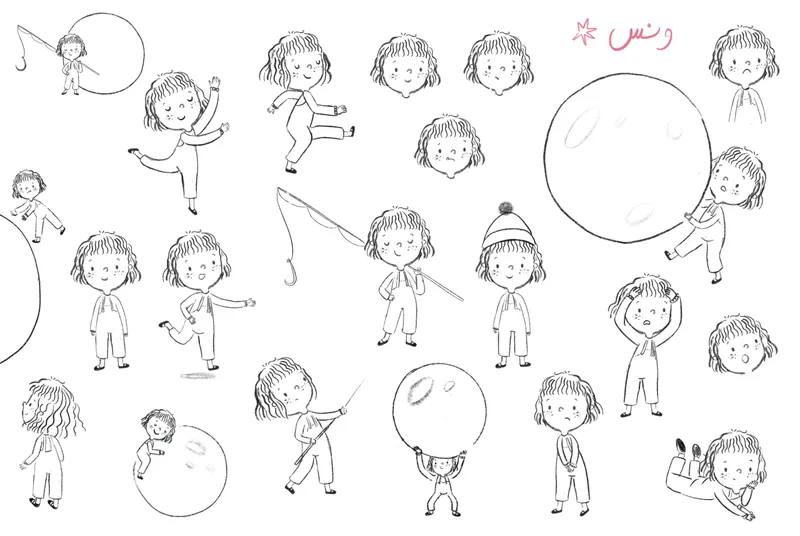 A pencil-sketch character sheet of the girl showing poses and expressions.