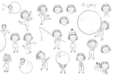 A pencil-sketch character sheet of the girl showing poses and expressions.