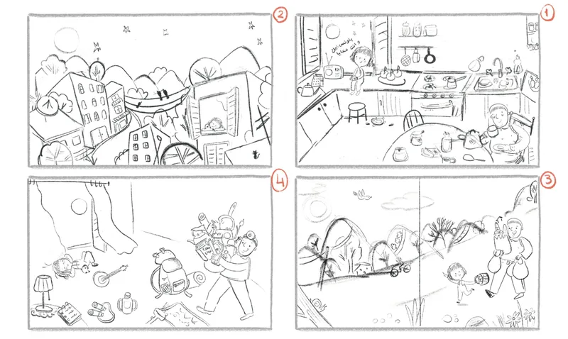 Four numbered pencil storyboard panels: a kitchen, a town, a messy room and a road.