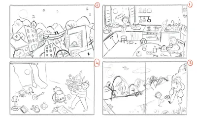 Four numbered pencil storyboard panels: a kitchen, a town, a messy room and a road.