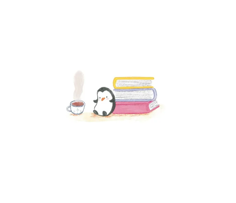A small penguin sitting beside a stack of books and a steaming cup of tea.